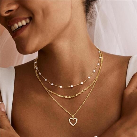 Layered Gold Pearl Heart Necklace | 14K Plated Chains - Picture 3 of 4